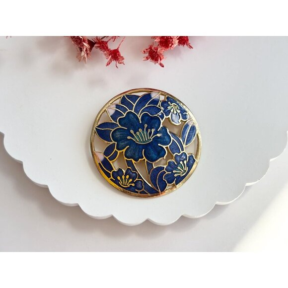 Blue Cloissone Floral Circular Gold Toned XL 90's Vintage Lapel Brooch Pin - Picture 8 of 9